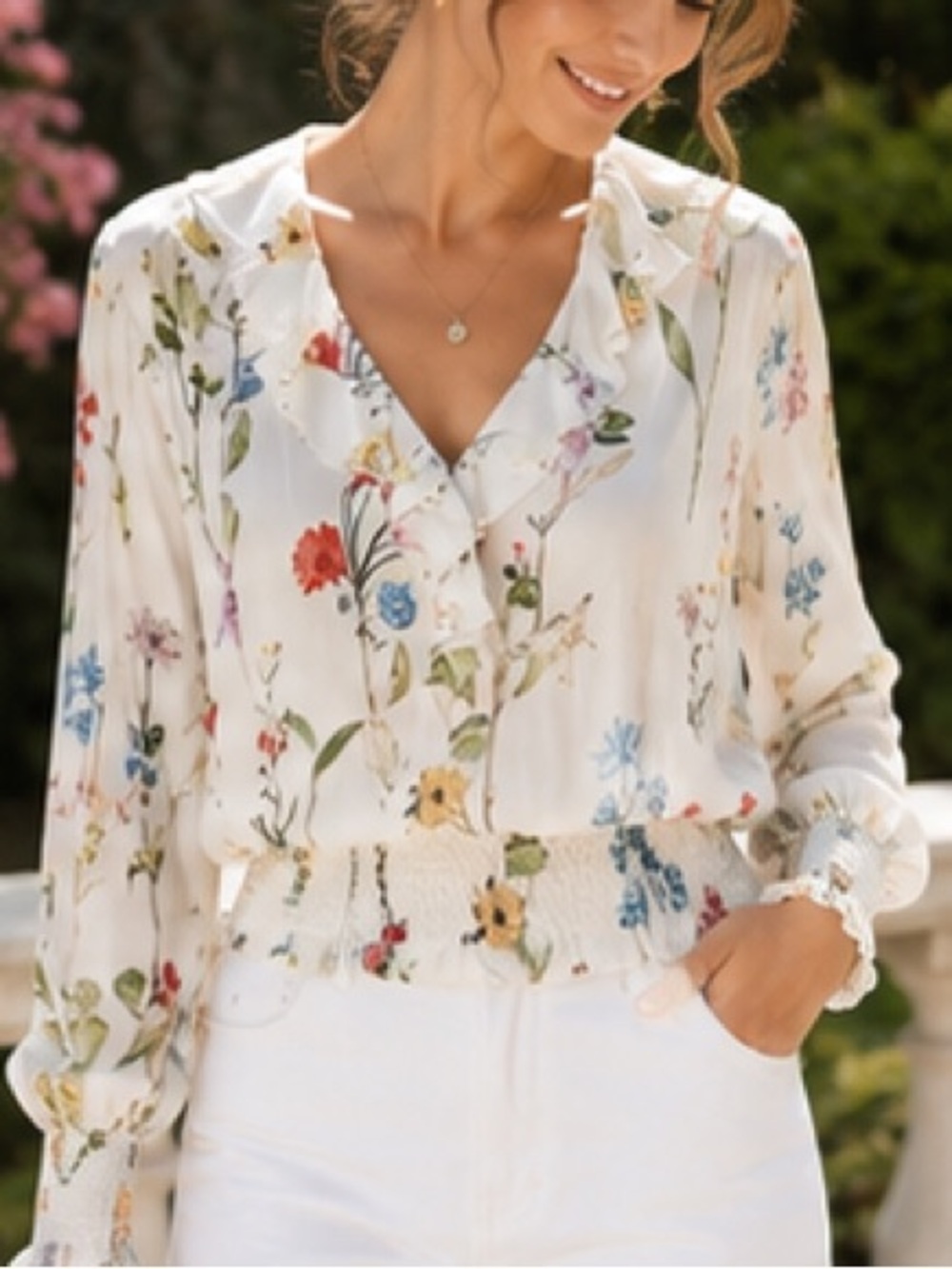 Parker Quincy silk Floral Long Sleeve Wrap Blouse Smocked Size XS